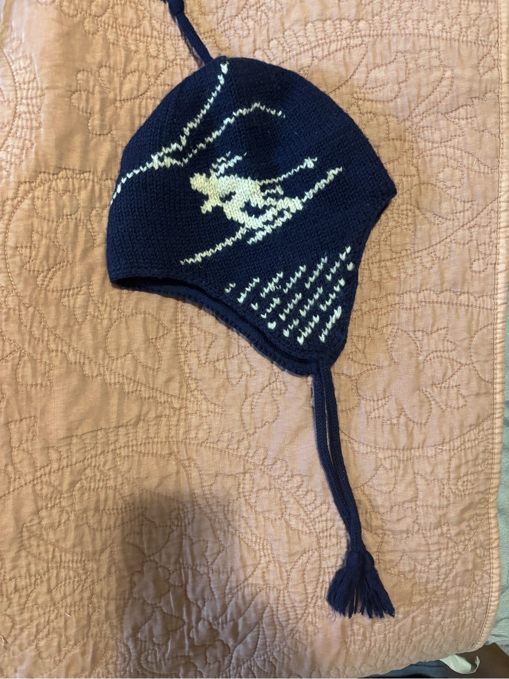 Vintage Rugby Ralph Lauren Navy Knit Earflap Beanie with Light Yellow Ski Motif